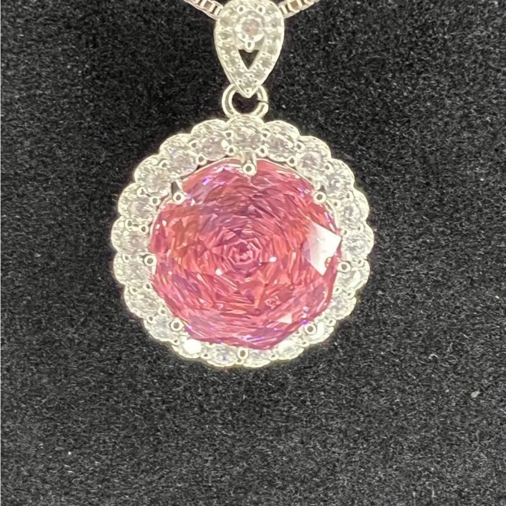 GORGEOUS Giant Pink Rose-Cut CZ & Moissanite Halo-Style Pendant 17 ctw 20” - Picture 8 of 13
